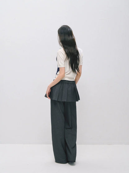 Detachable Pleated Overlay Tailored Wide-Leg Trousers