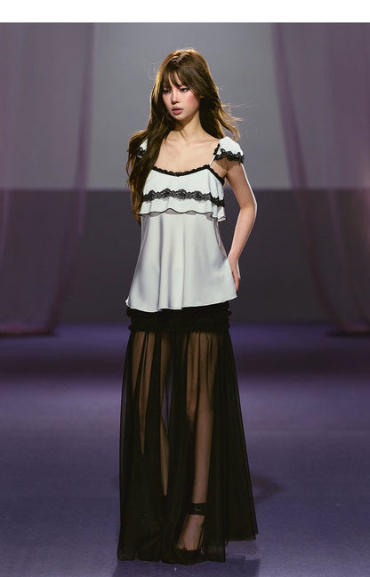 Contrast Lace Satin Off-Shoulder Camisole Top