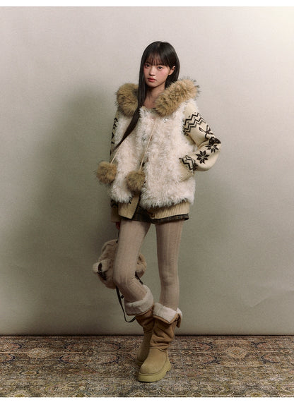 Fair Isle Fur Collar Toggle Buttons Knit Coat