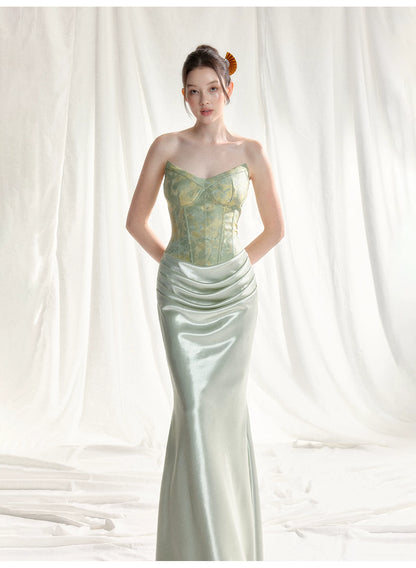 Jade Whisper Jacquard Corset Satin Evening Gown