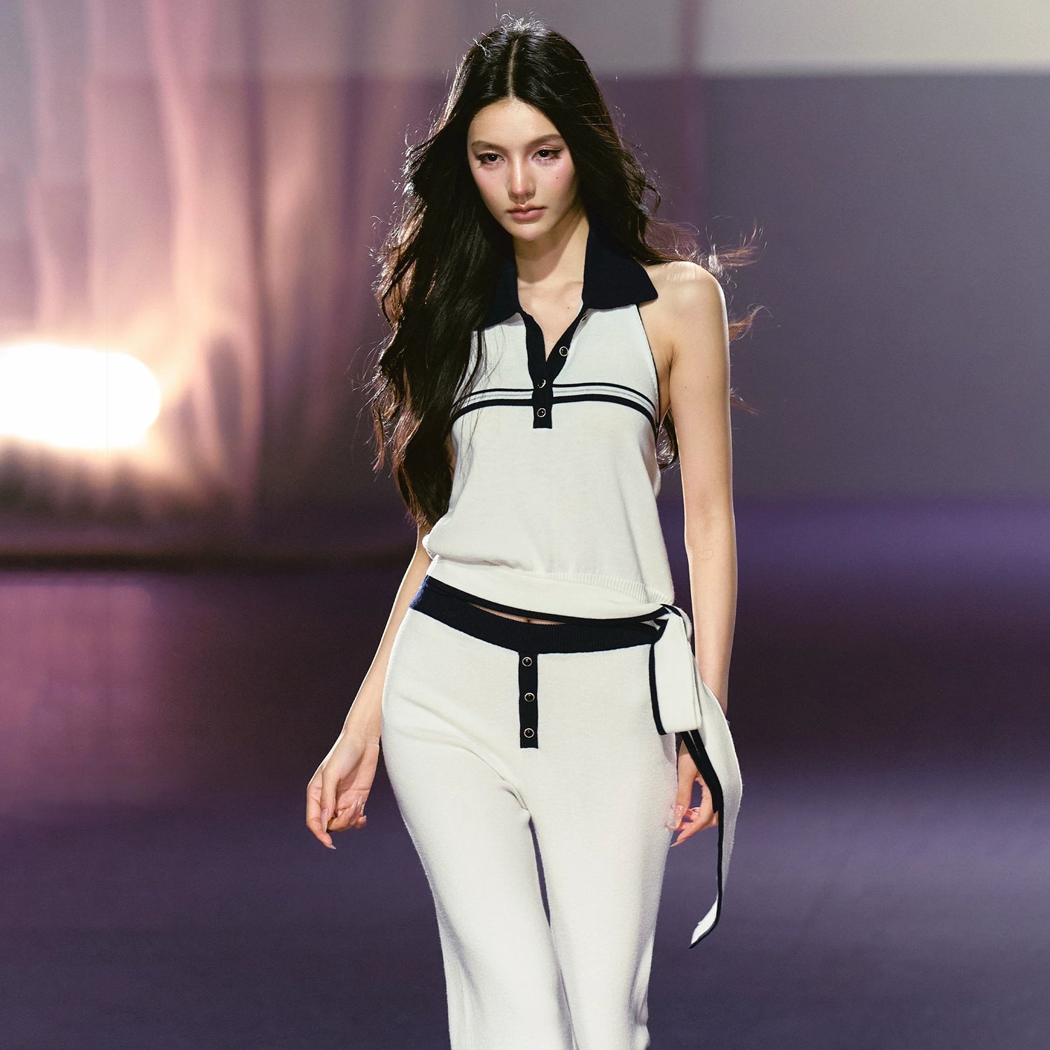Relaxed Polo Halter Knit Top &amp; Flared Knit Pants Set