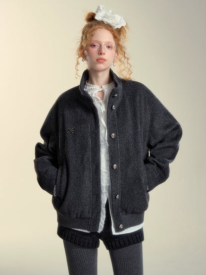 High-Neck Wool Lace Trim Jacket