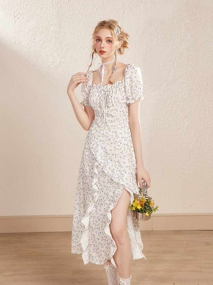 White Square-neck Floral Irregular Ruffle Hem Slit Dress