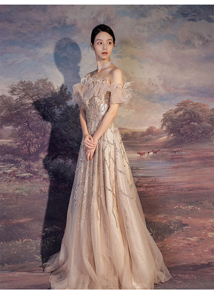 Feathered Scarlet Embellished Off-Shoulder Gown