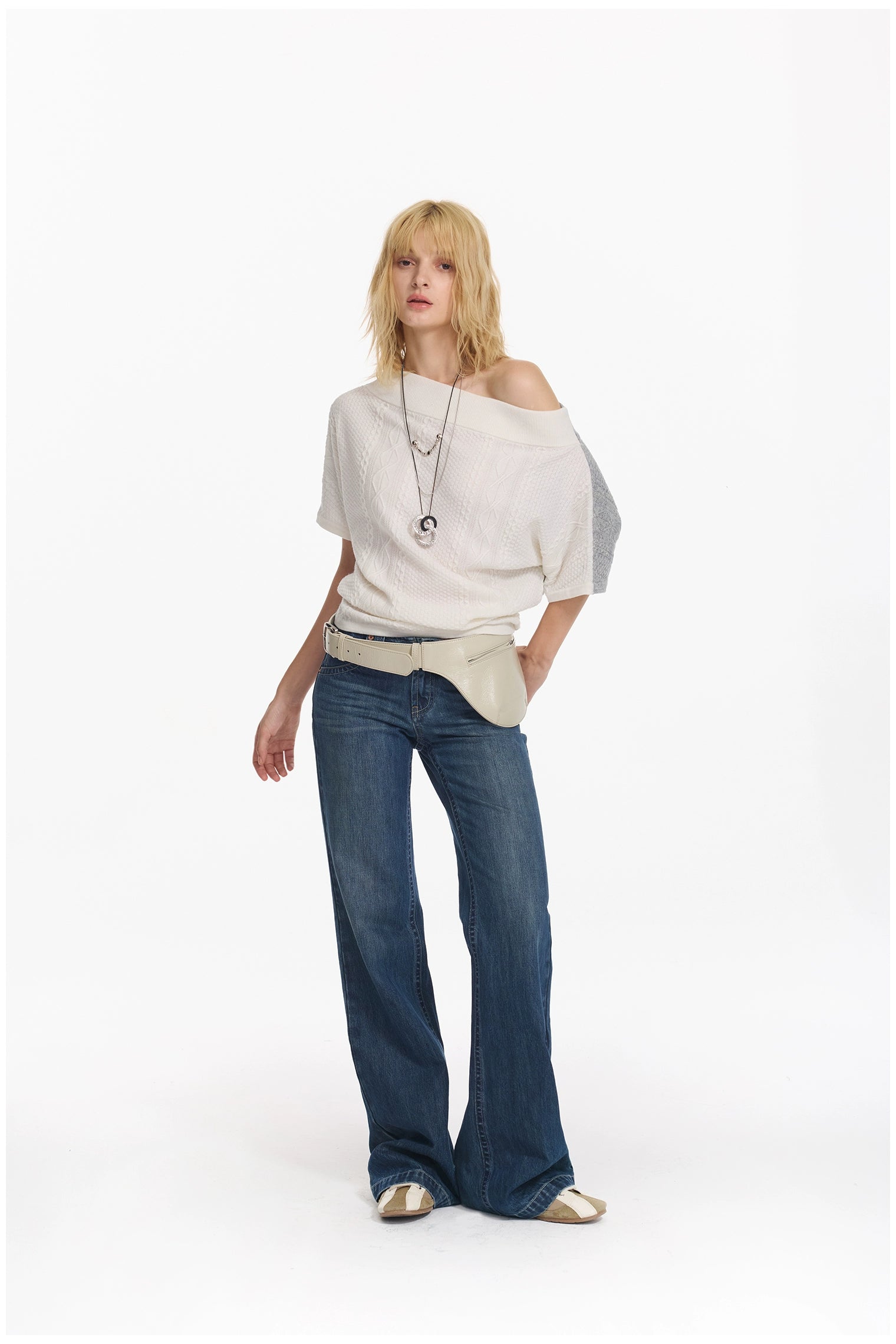 Diagonal Bat-Sleeve Knit Crewneck
