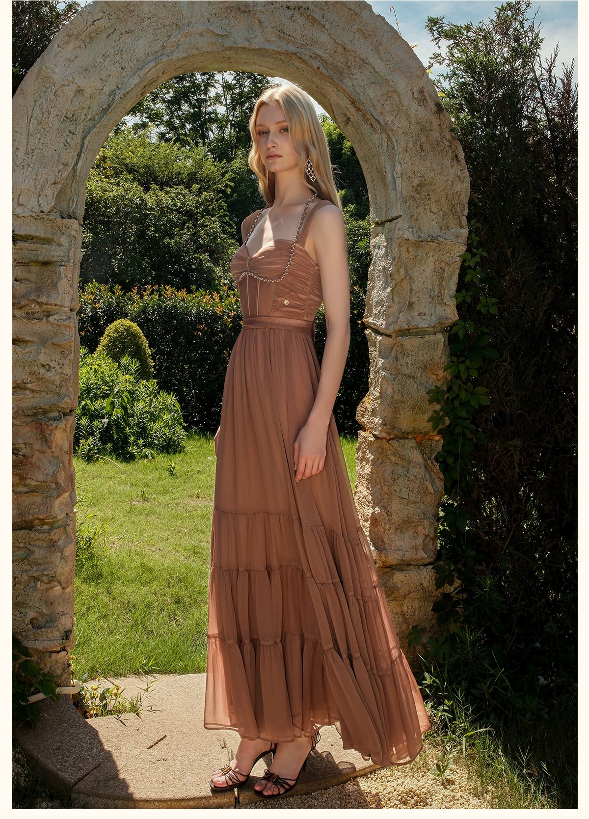 Tia Beaded Halter Chiffon Midi Dresses