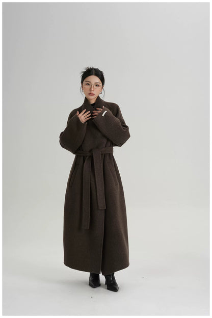 Asymmetric Button Long Wool Coat