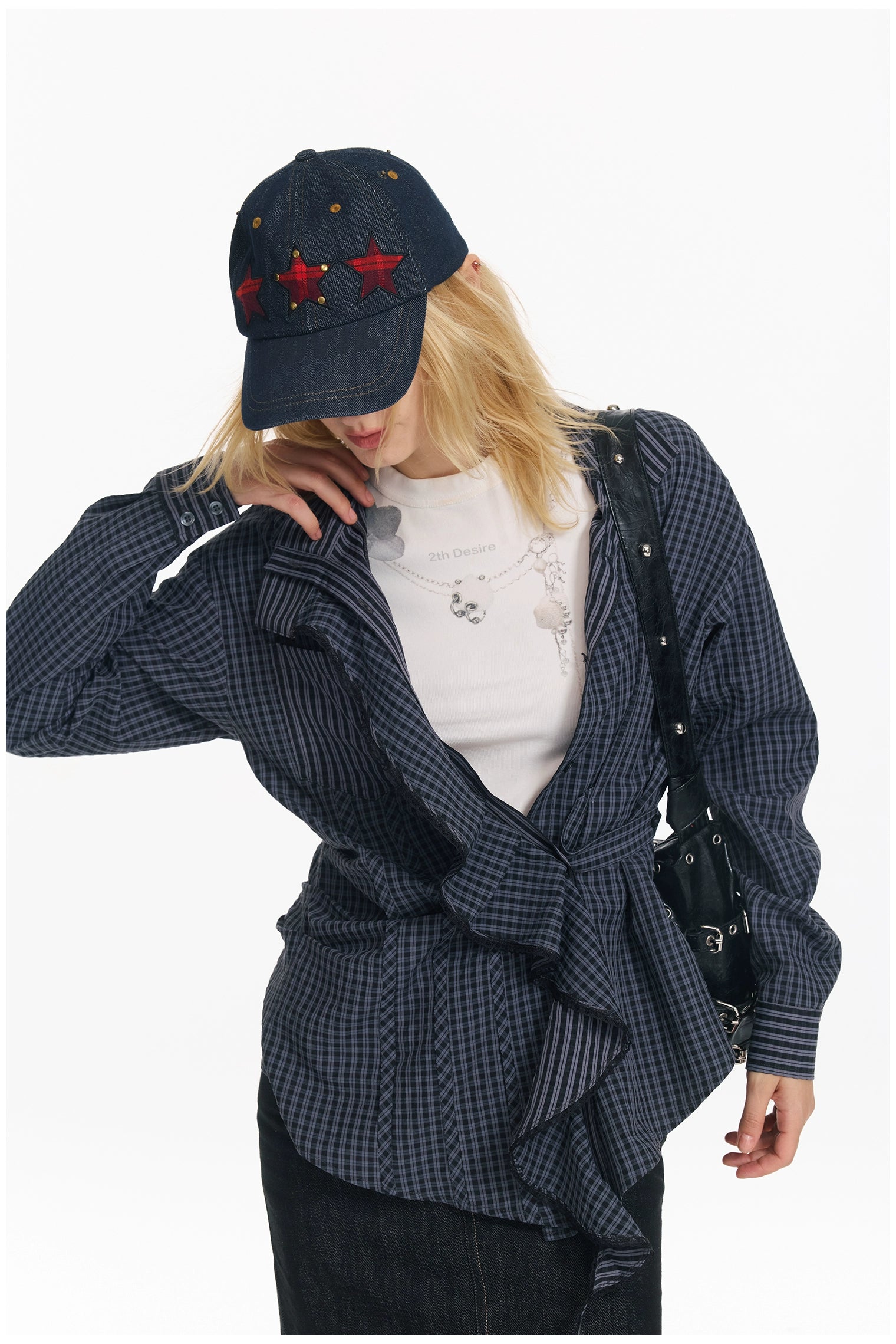 Embroidered Plaid Ruffle-Edge Shirt