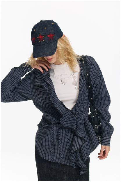 Embroidered Plaid Ruffle-Edge Shirt