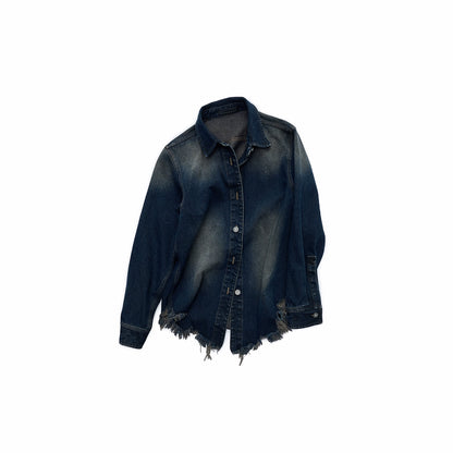 Vintage Washed Frayed Denim Fitted Shirt