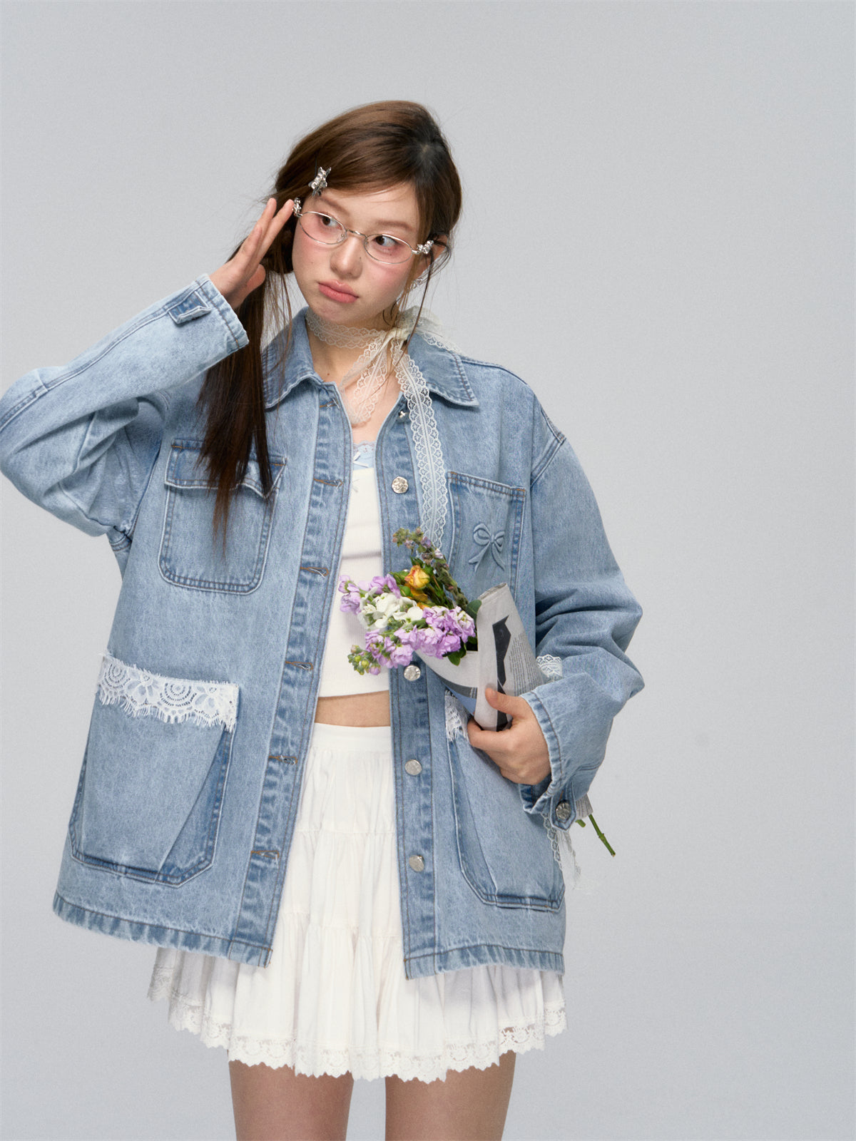 Lace-Patchwork Utility Pocket Denim Jacket