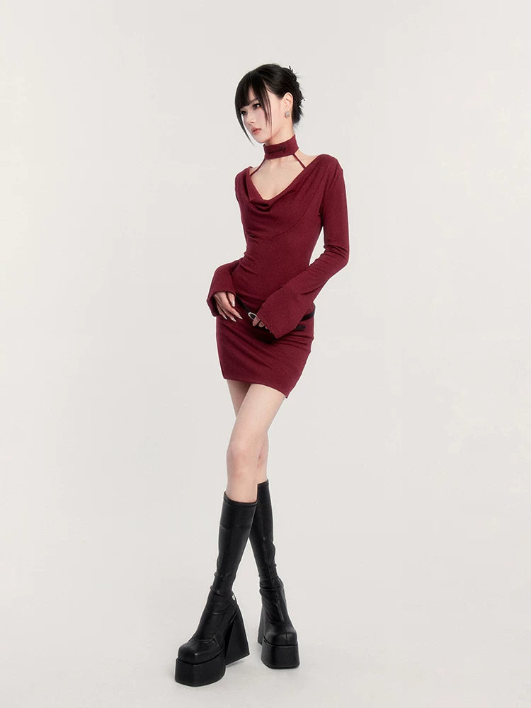 Cowl-Neck Choker Slim-Fit Bodycon Dress Red (Pre-sale) / S