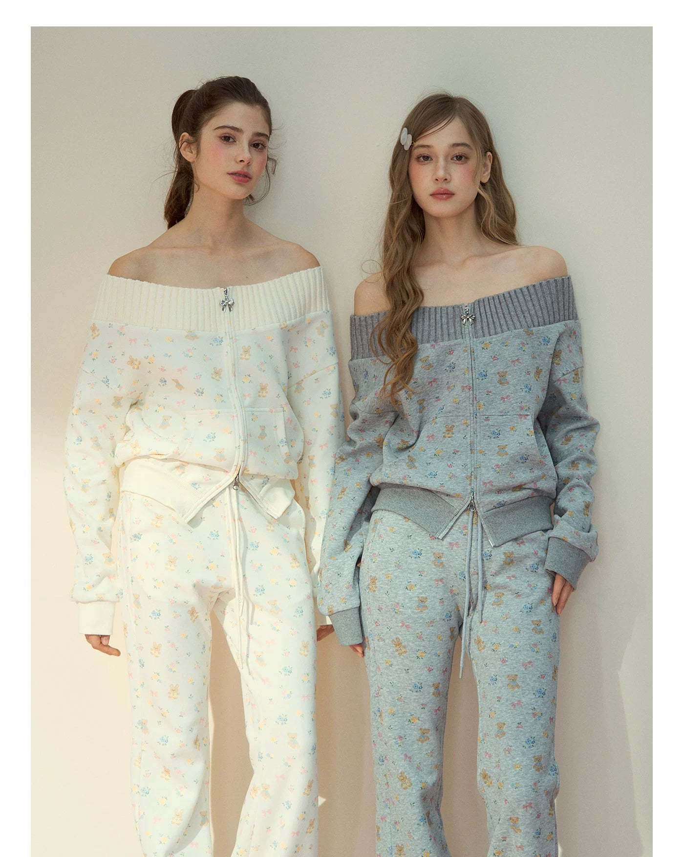Floral Bunny Off-Shoulder Zip-up Sweatshirt