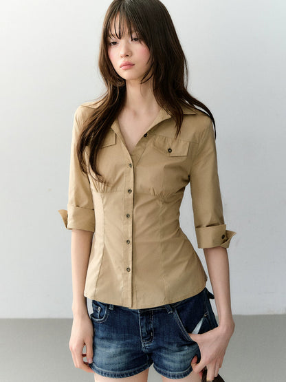 Waist-Cinched Mid-Sleeve Fitted Pocket Shirt