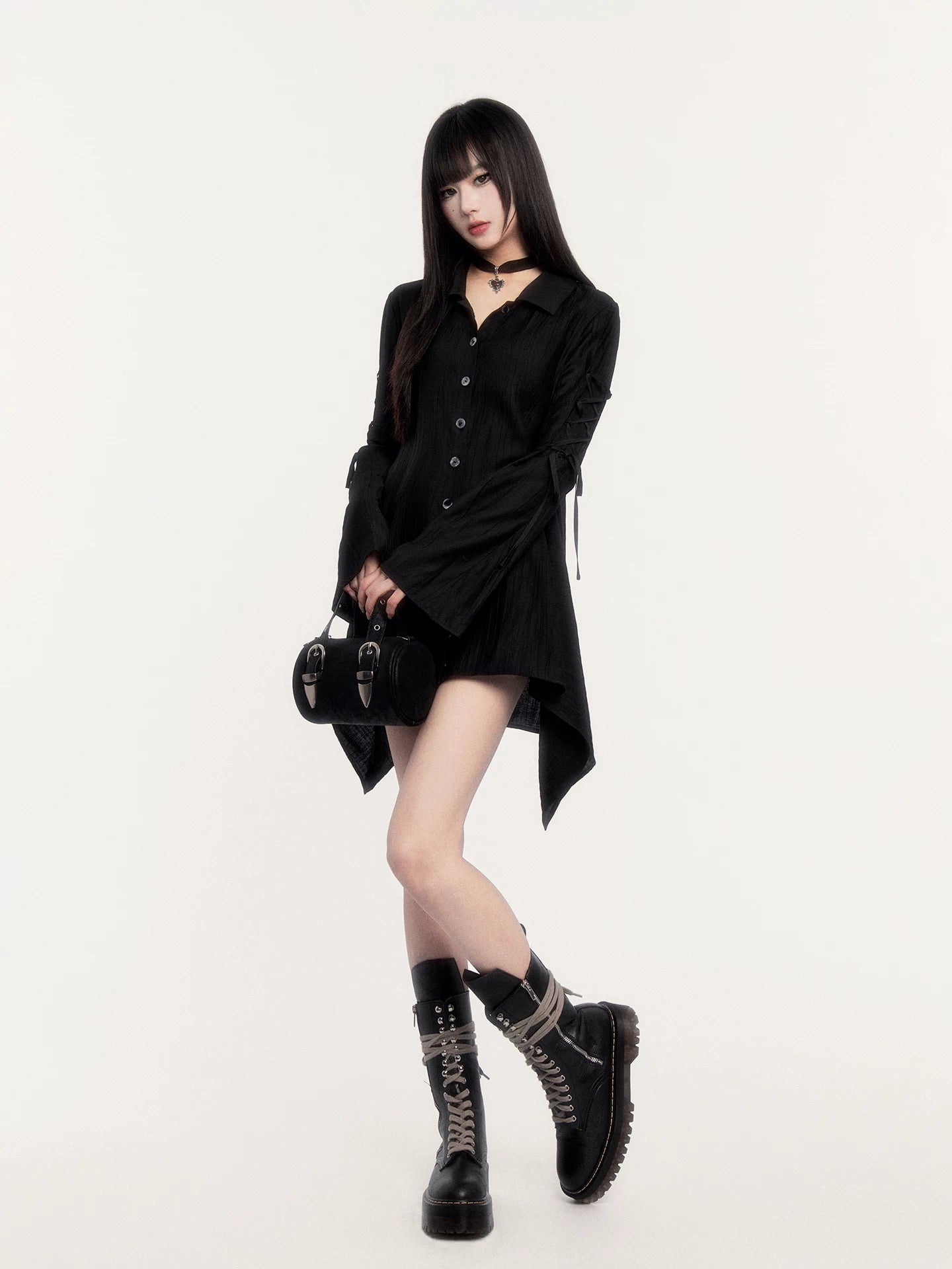 Lace-Up Flared Sleeve Slim-Fit Shirt