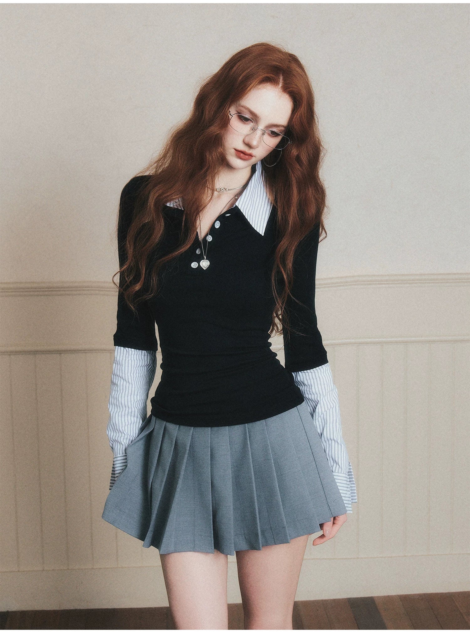 Layered-Style Collar Knit Polo