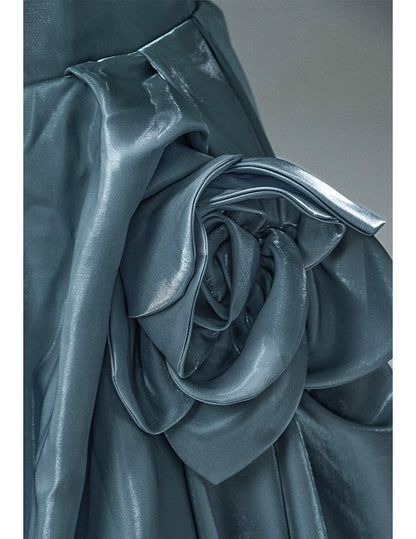 Satin Off-Shoulder Gown with Sculpted Roses
