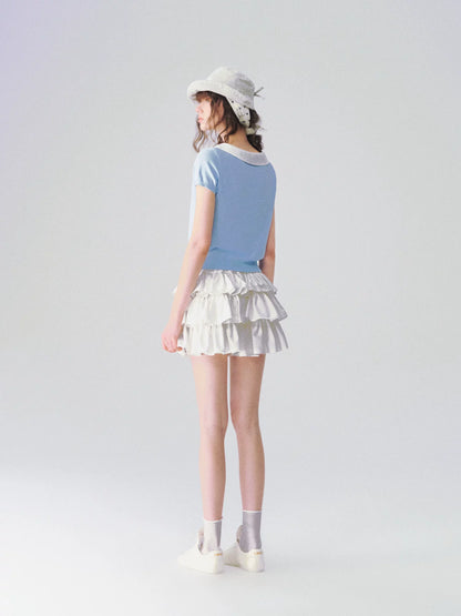 Peter Pan Collar Contrast Knit Short Sleeve Top