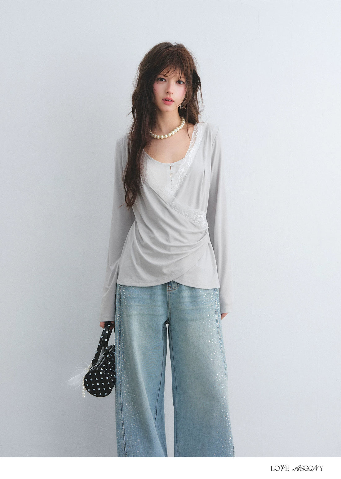 Tencel Lace Contrast Layered Cross-Drape Blouse