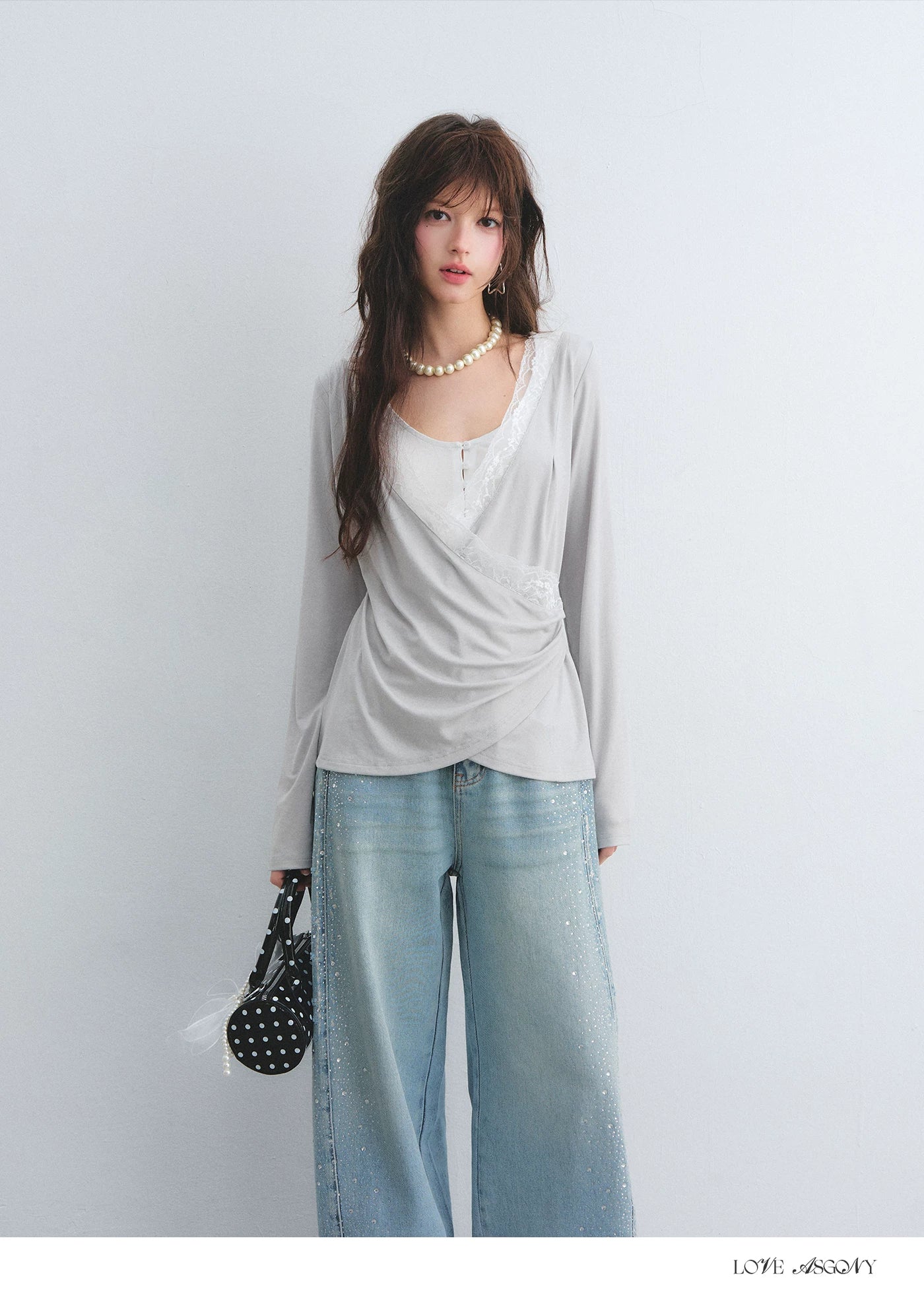 Tencel Lace Contrast Layered Cross-Drape Blouse