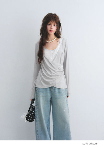 Tencel Lace Contrast Layered Cross-Drape Blouse