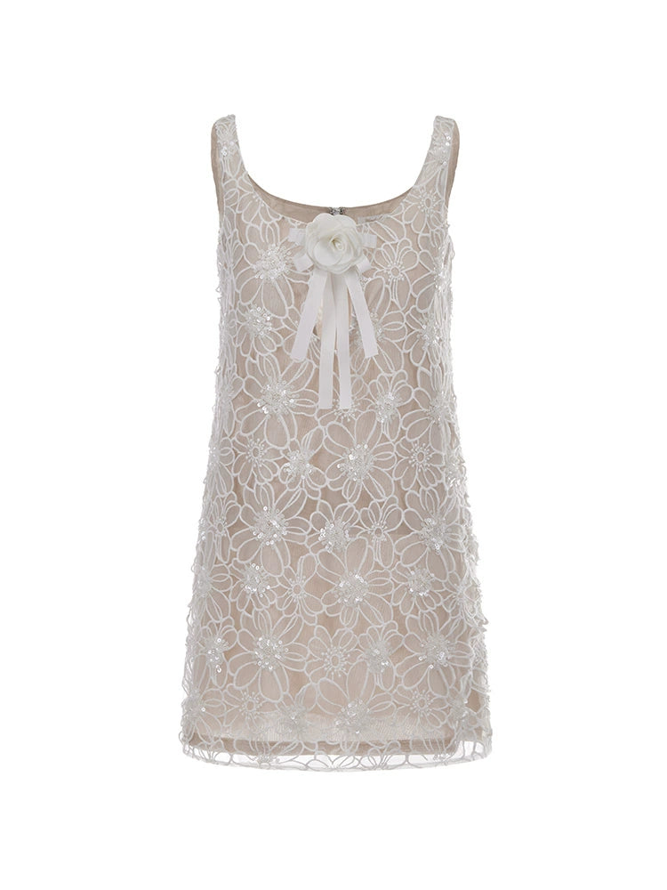 Beige Sequin Butterfly Embellished Dress