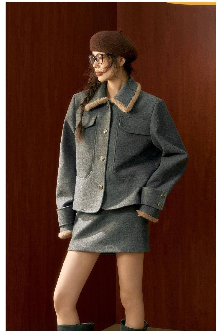 Gray Wool Velvet Jacket &amp; Skirt Set - CHINASQUAD