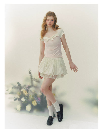 Contrast Bow Square-Neck Fitted Tee