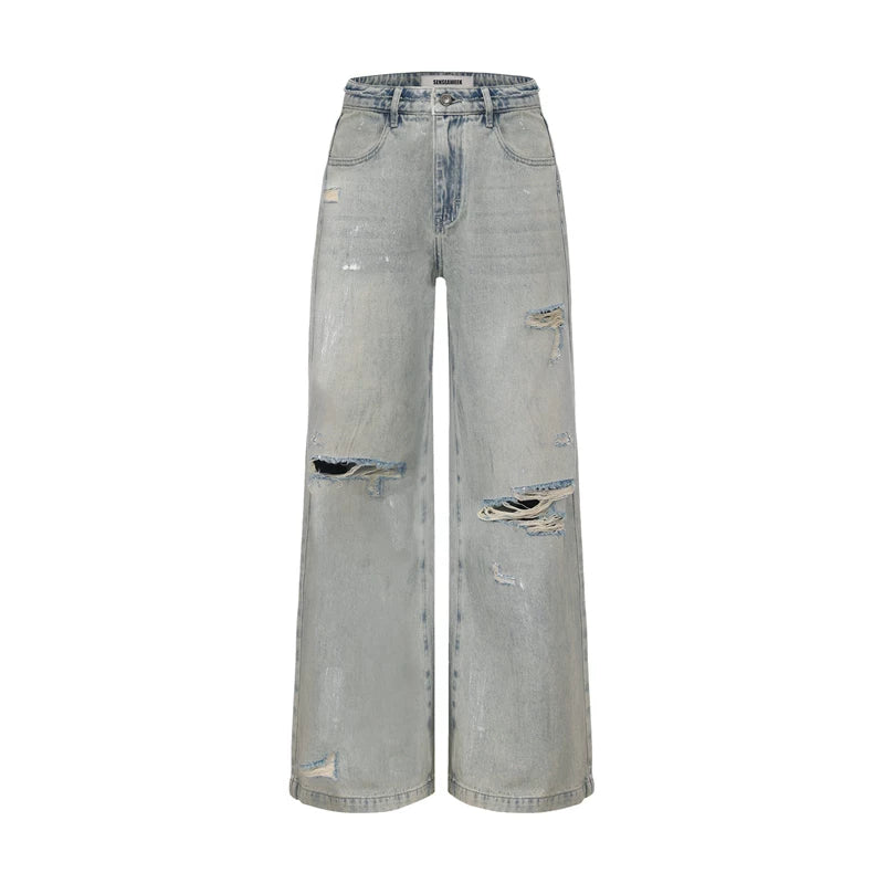 Silver-Foil Double-Waist Denim Pants