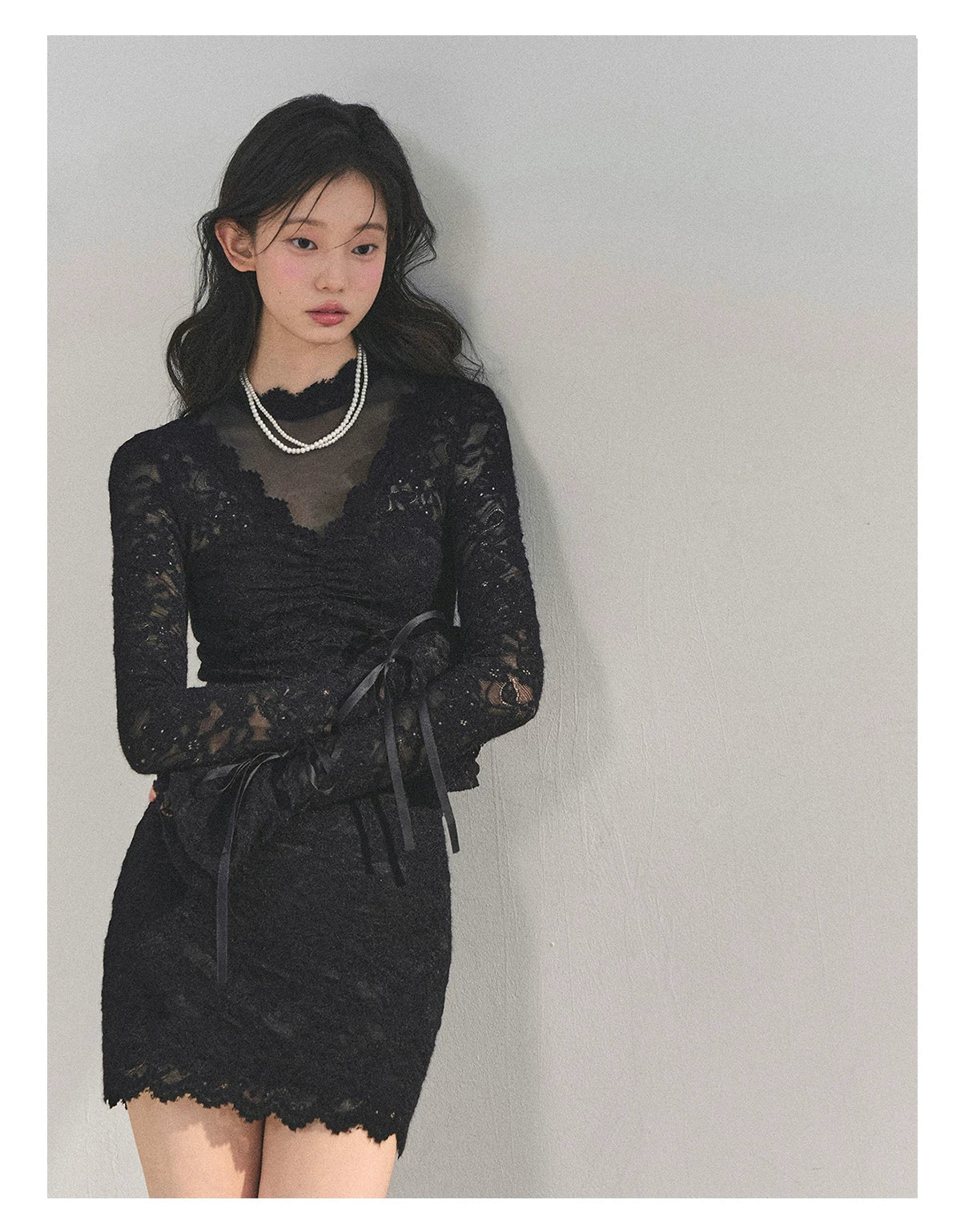 Lace Mesh Long-Sleeve Mini Dress