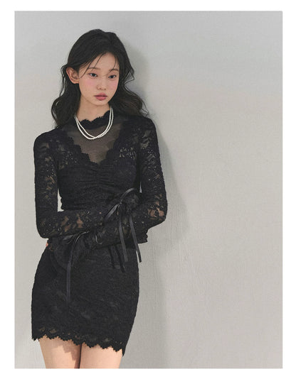 Lace Mesh Long-Sleeve Mini Dress