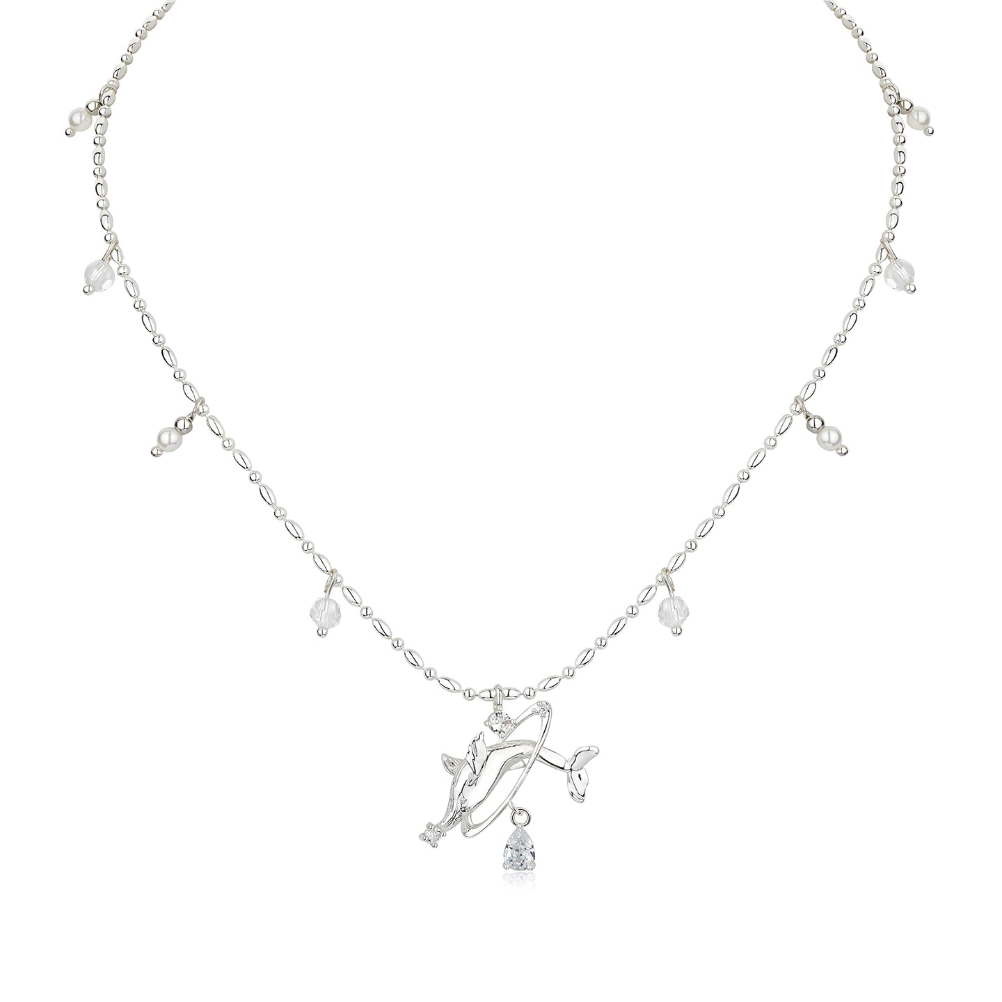 Silver Beaded Whale Pendant Necklace