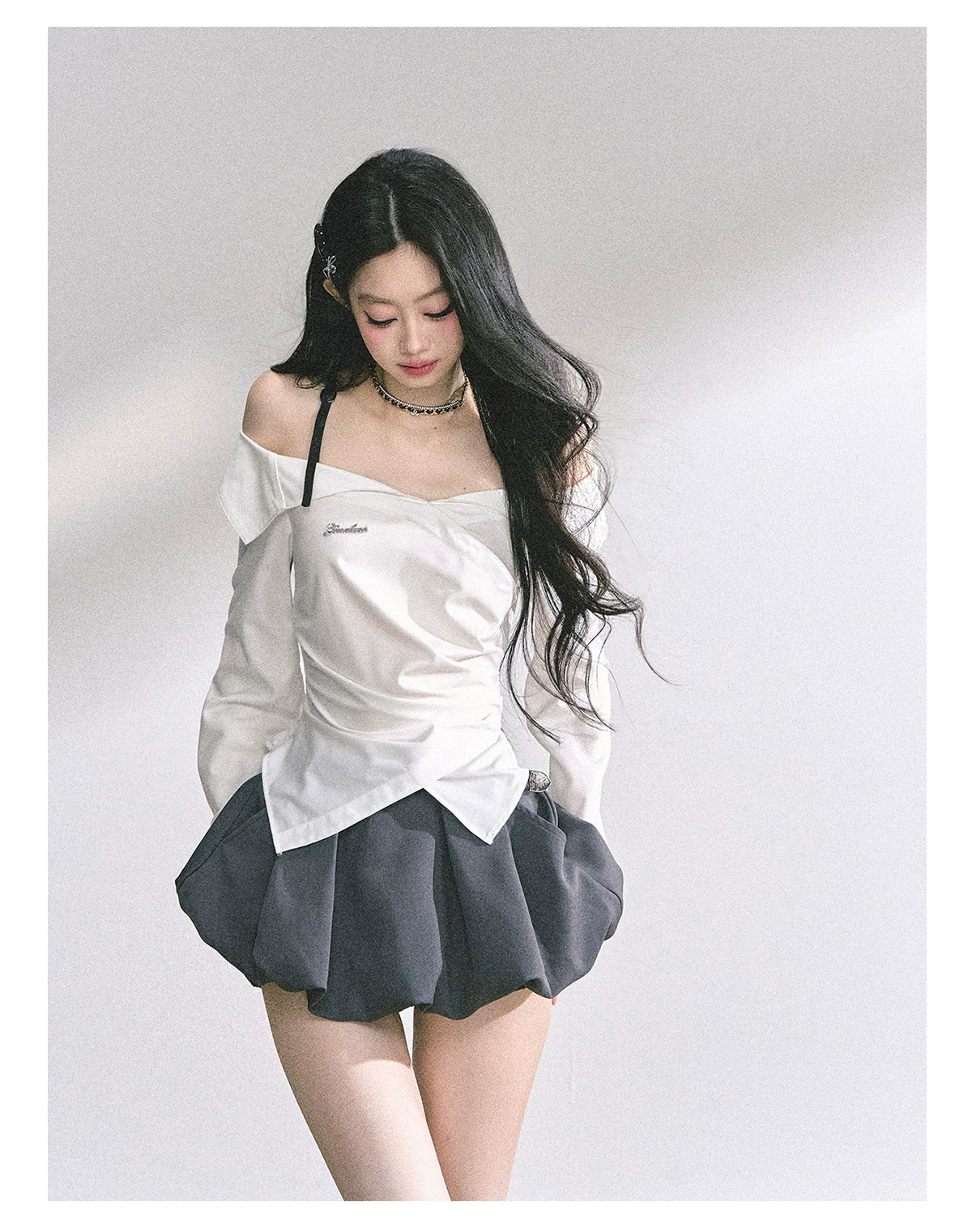 Off-Shoulder Plaid Long-Sleeve Shirt