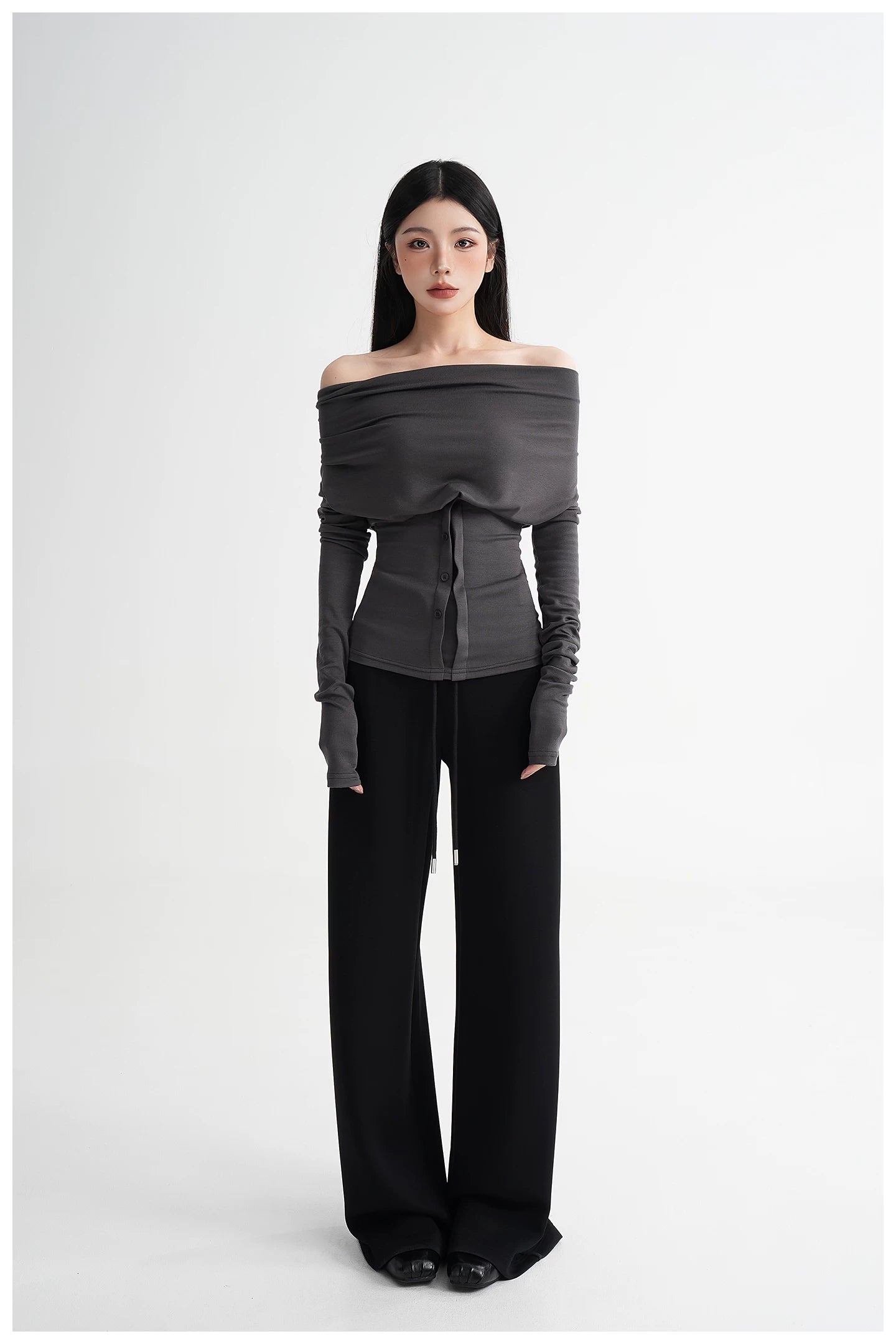 Neck Off-Shoulder Fitted Long Sleeve T-Shirt