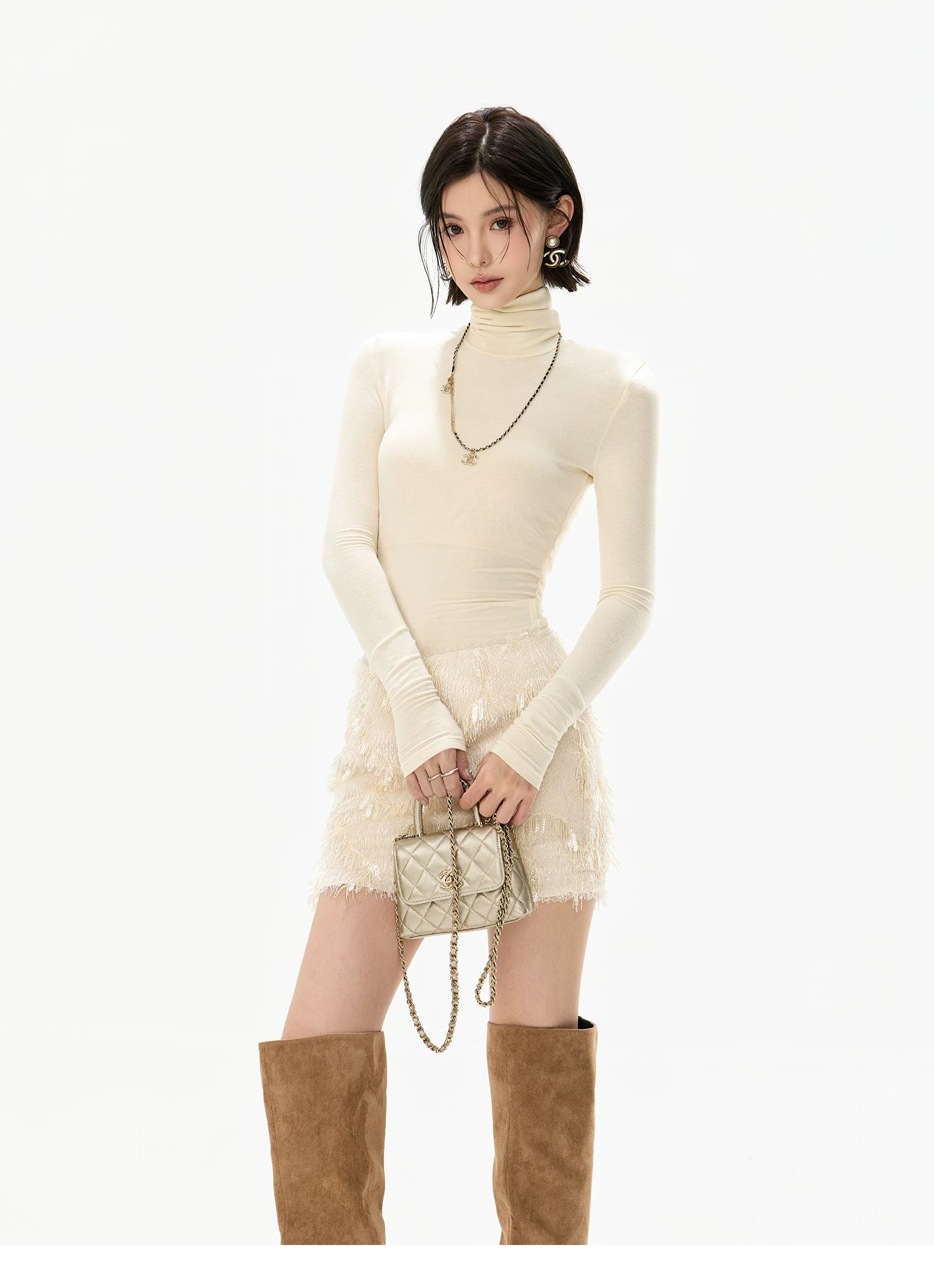 Ivory Sequin Fringe Draped Mini Skirt