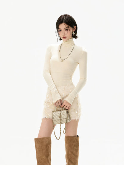 Ivory Sequin Fringe Draped Mini Skirt