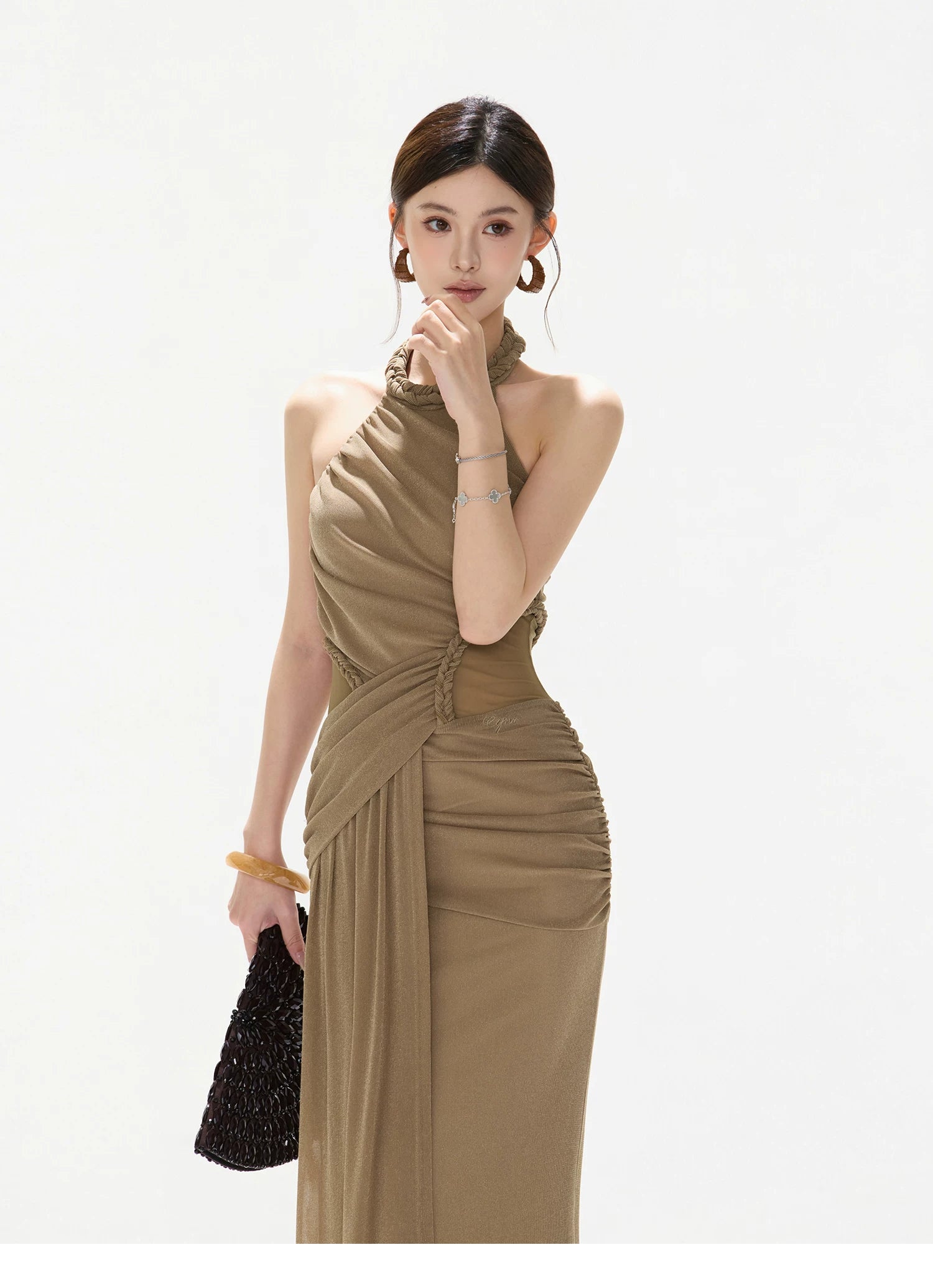 Elegant Ruched Mesh Halter Evening Dress