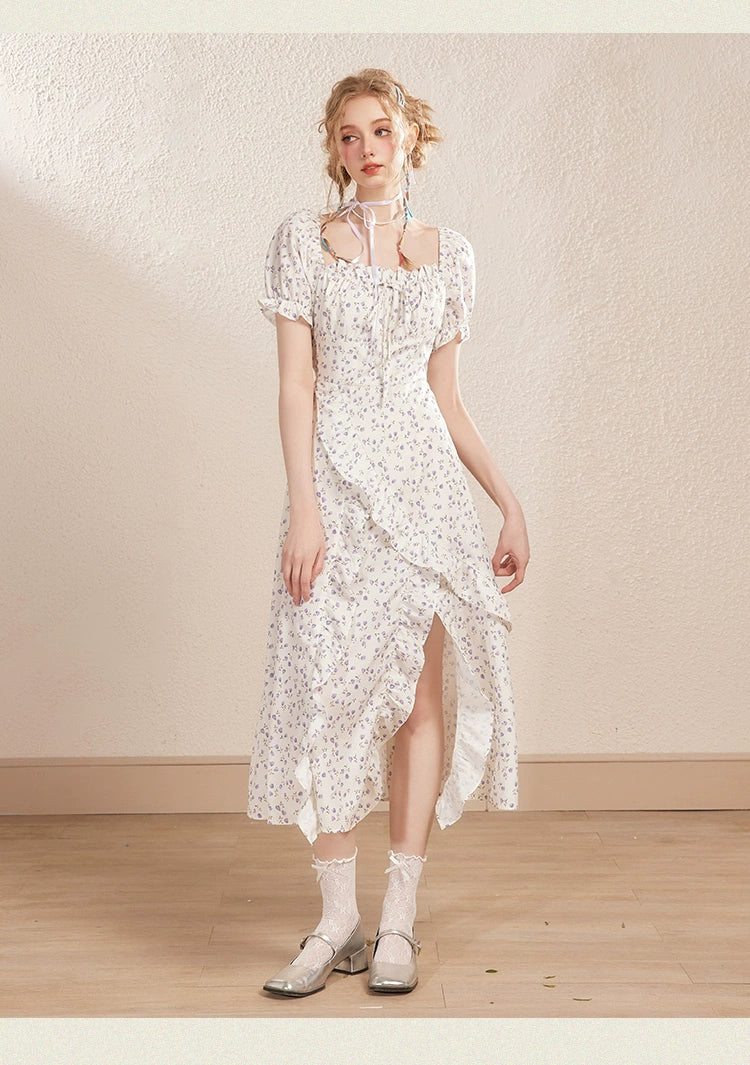 White Square-neck Floral Irregular Ruffle Hem Slit Dress