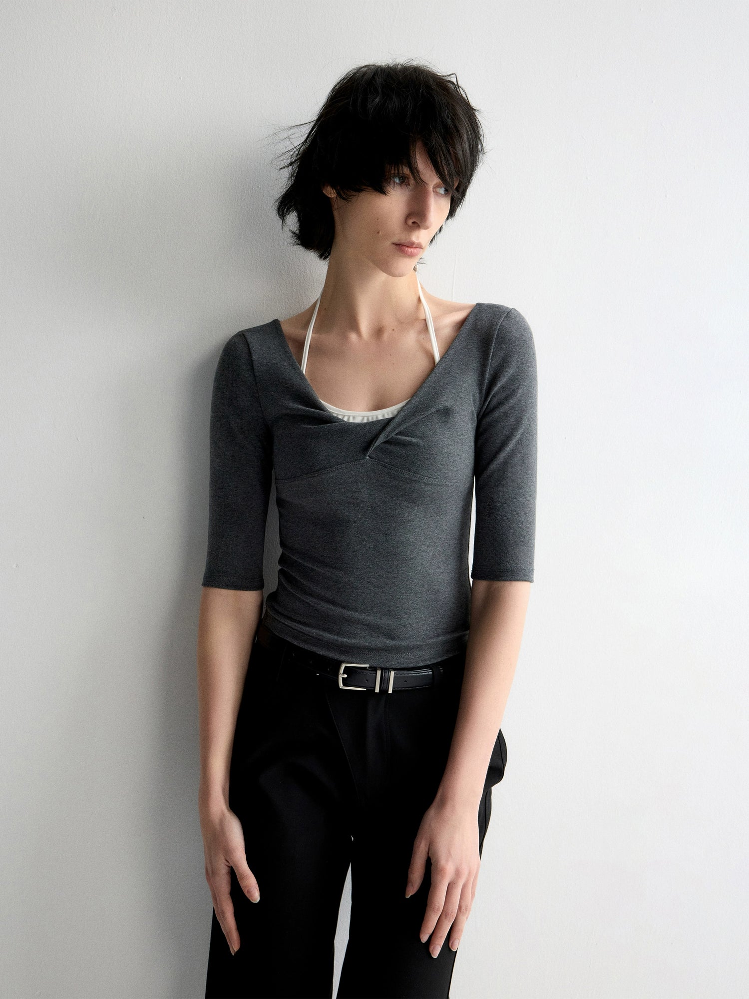Twist Neck Waist-Tying T-shirt