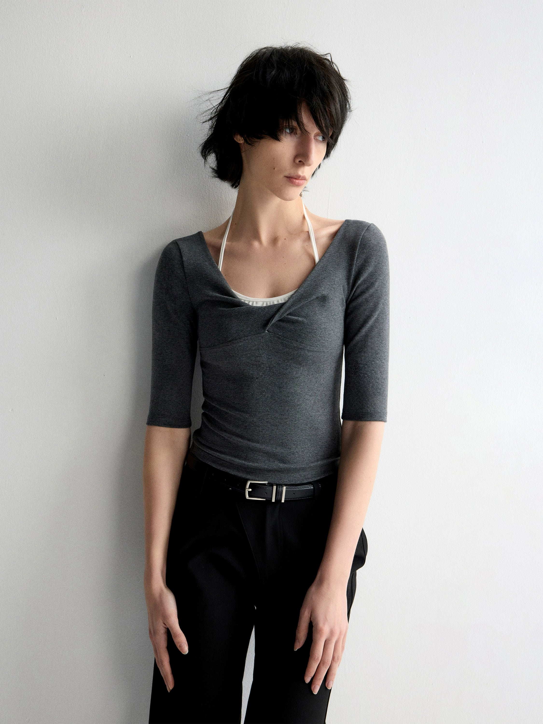 Twist Neck Waist-Tying T-shirt