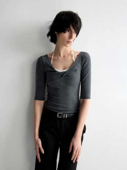 Twist Neck Waist-Tying T-shirt