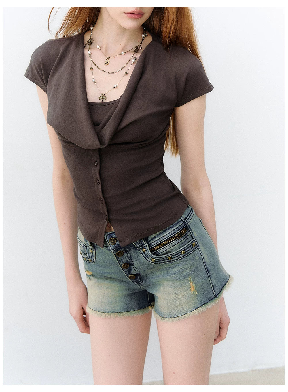 Layered Deconstructed Two-in-One Buttoned T-shirt