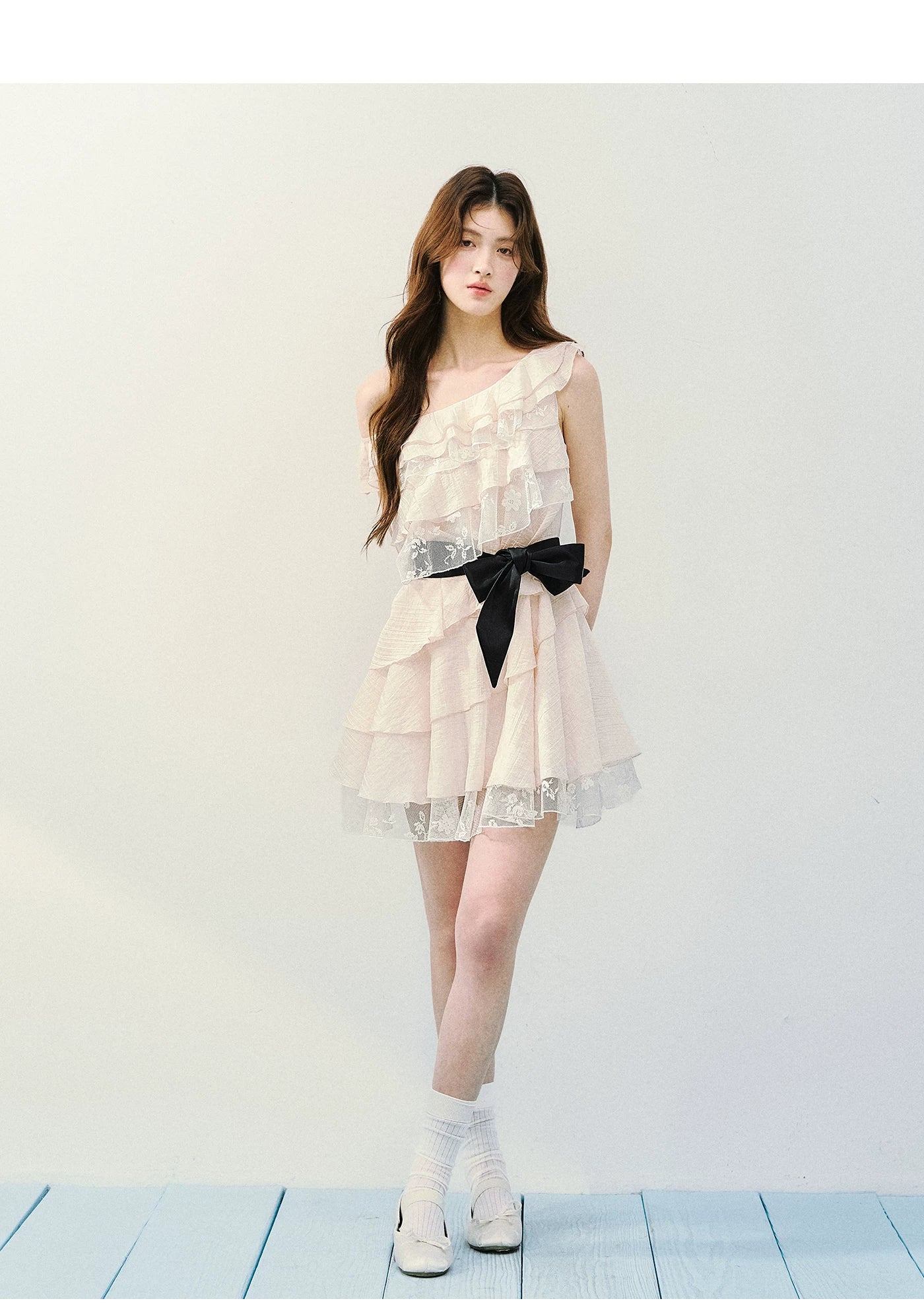 Asymmetric Lace Tiered Ruffle Dress