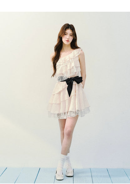 Asymmetric Lace Tiered Ruffle Dress