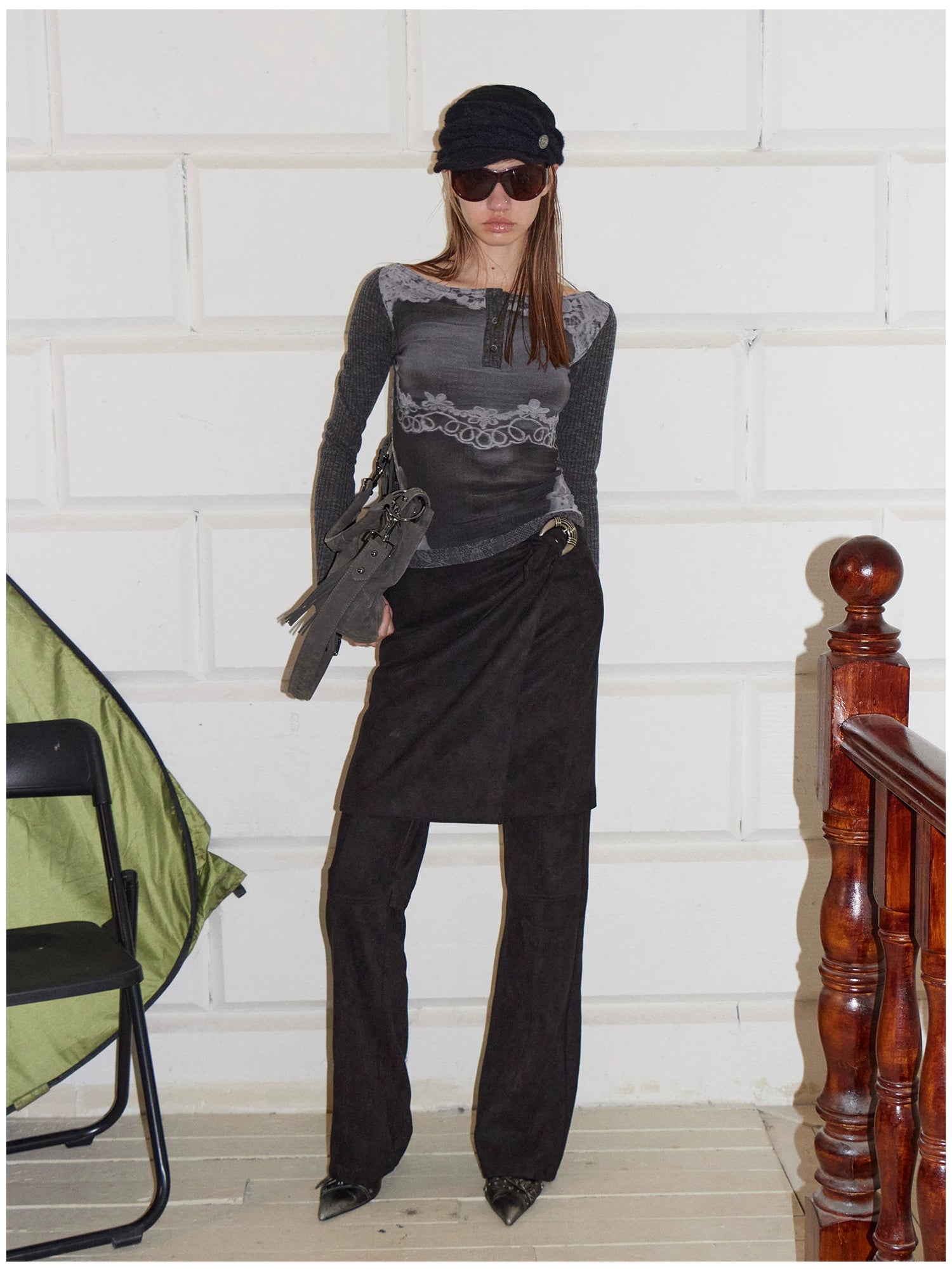 Reversible Face Print Henley Studded Sleeve Base Top