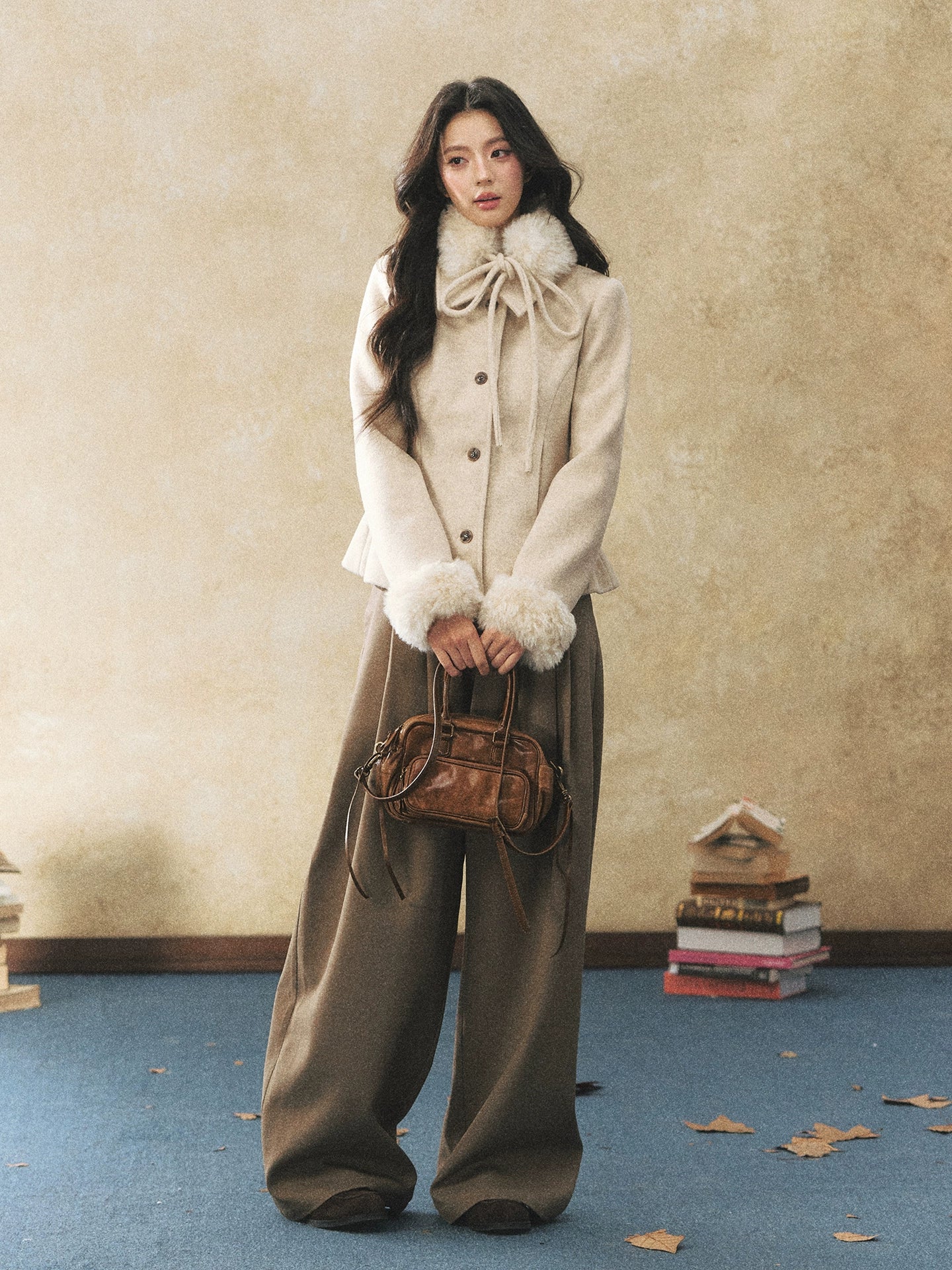 Khaki Fluid Wide-Leg Pleated Trousers