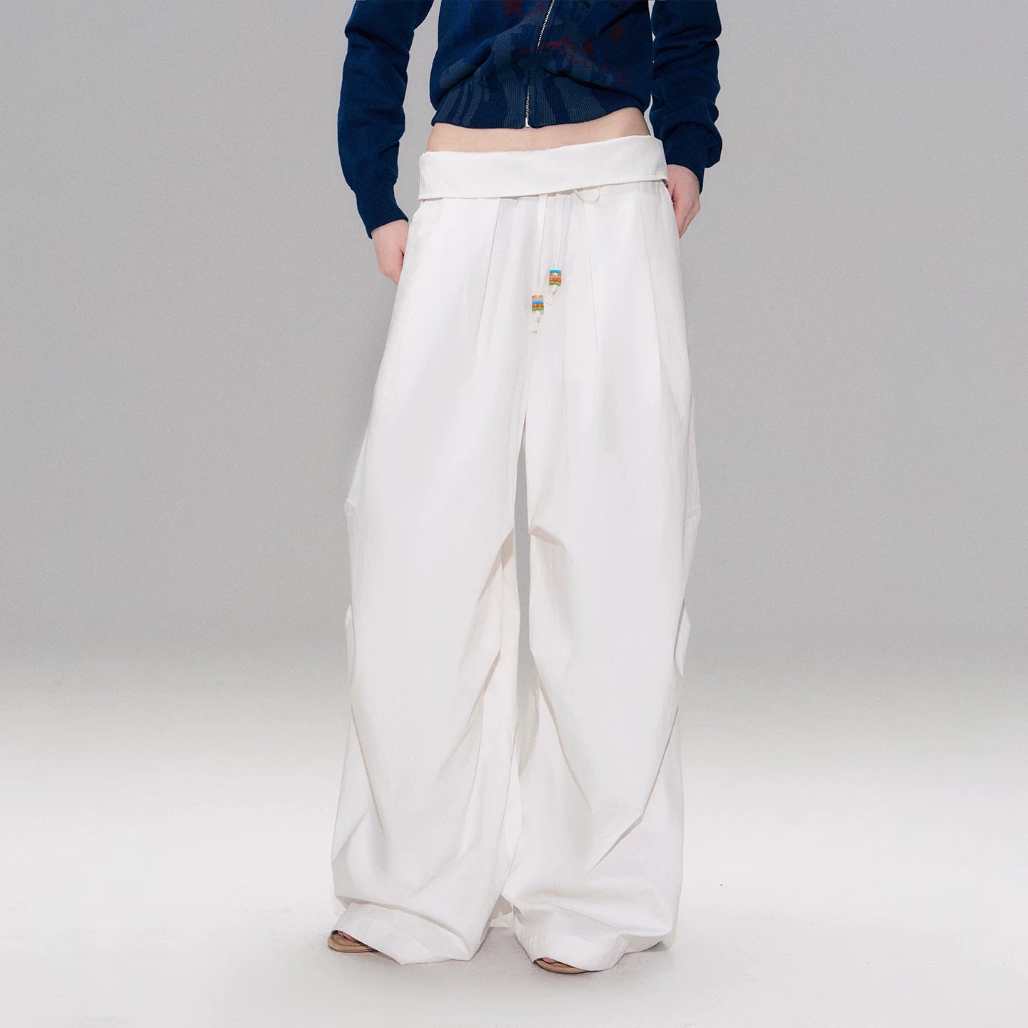 Fold-Over Waist Wide-Leg Curved Pants