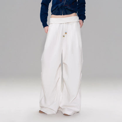Fold-Over Waist Wide-Leg Curved Pants
