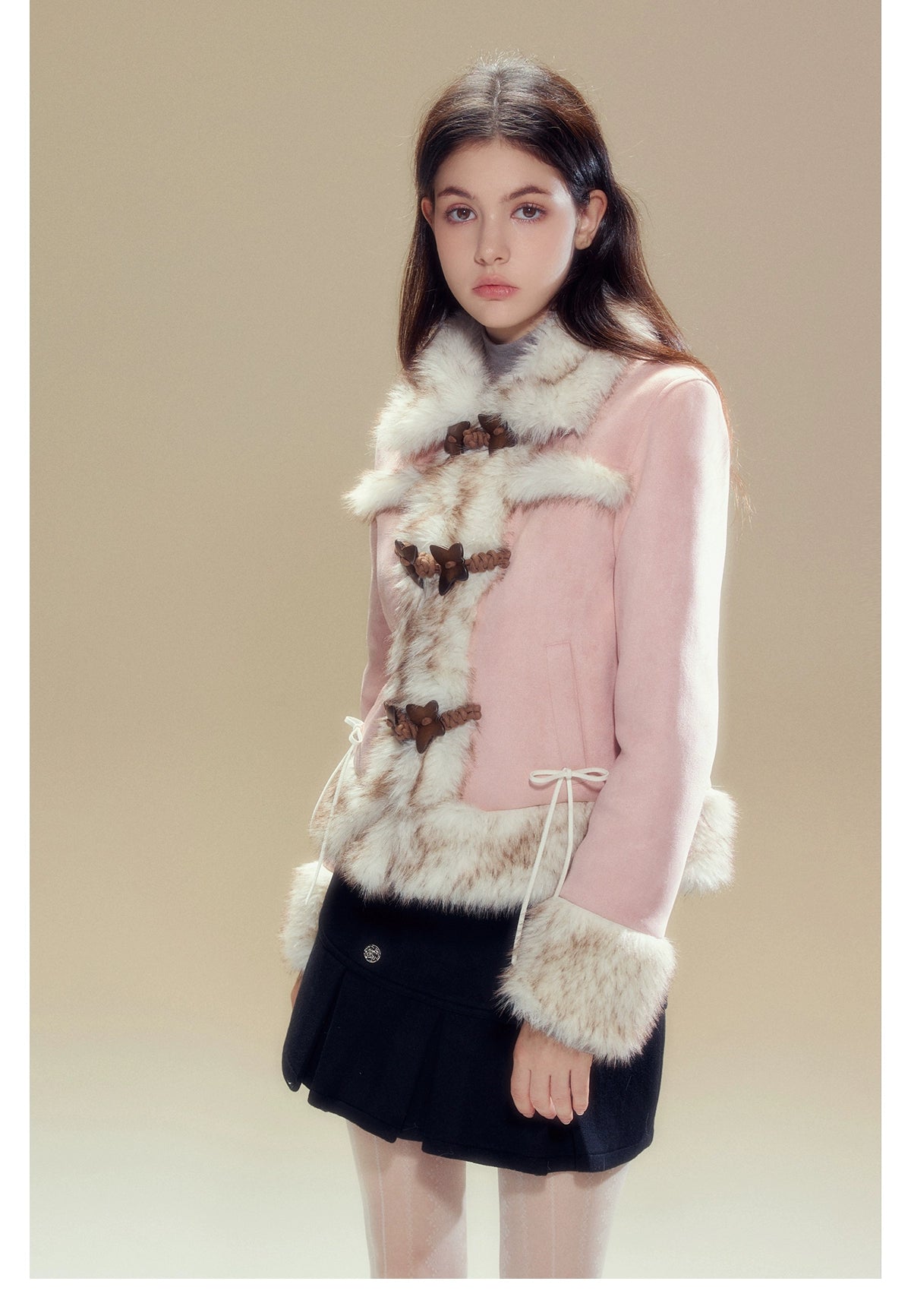 Pink Suede Butterfly Horn Button Shearling Coat - CHINASQUAD