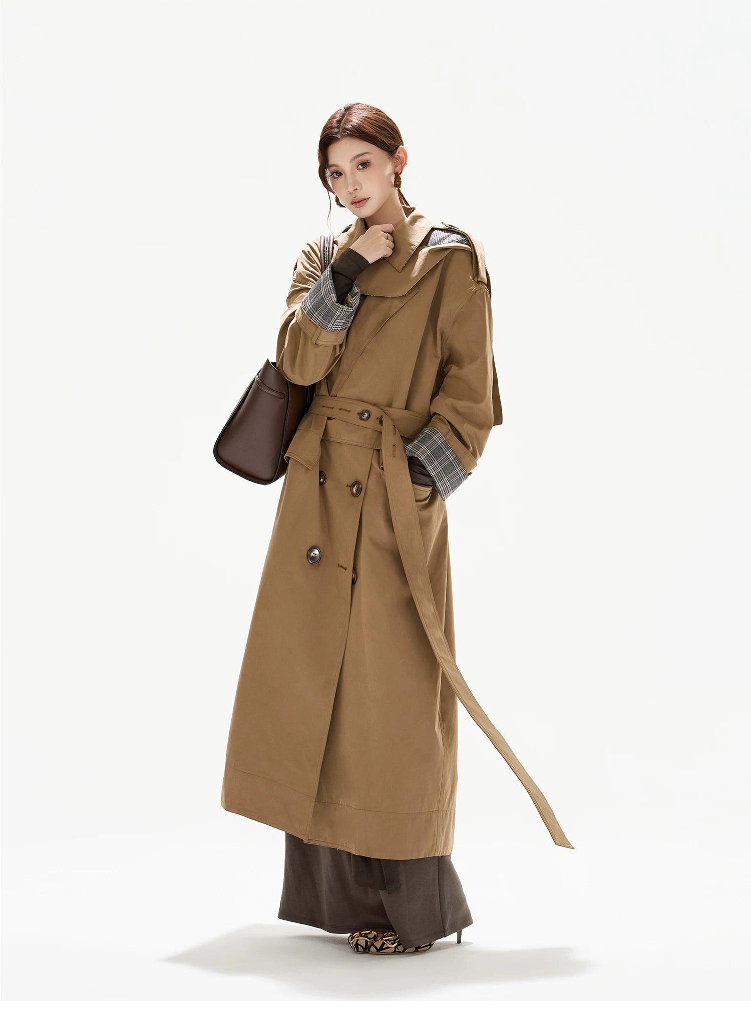 Double-Breasted Check-Panel Trench Coat